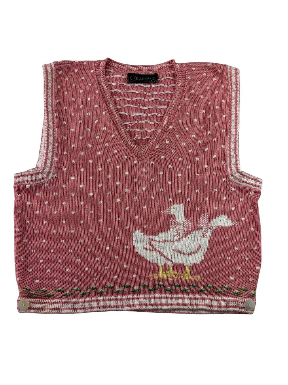 Vintage Cullinane Goose Knit Cotton V-Neck Sweater Vest, Pink, Size M, USA Made